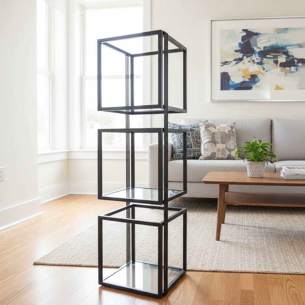 Regał kostka 3 – profil stalowy 20x20, półki szklane 4mm