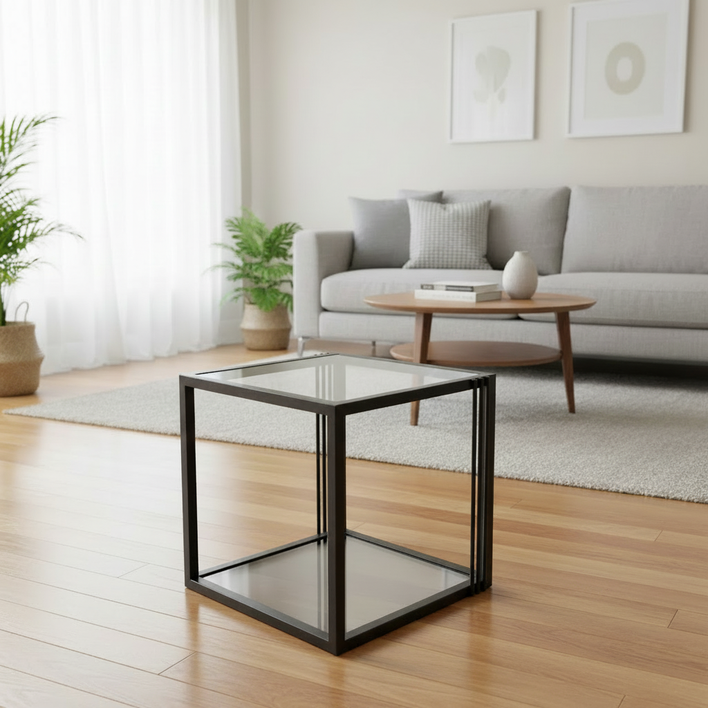 Regał Kostka – Jedna Półka | Profil 20x20 | Wys. 42 cm | Szyba 4mm Antisol-Grafit