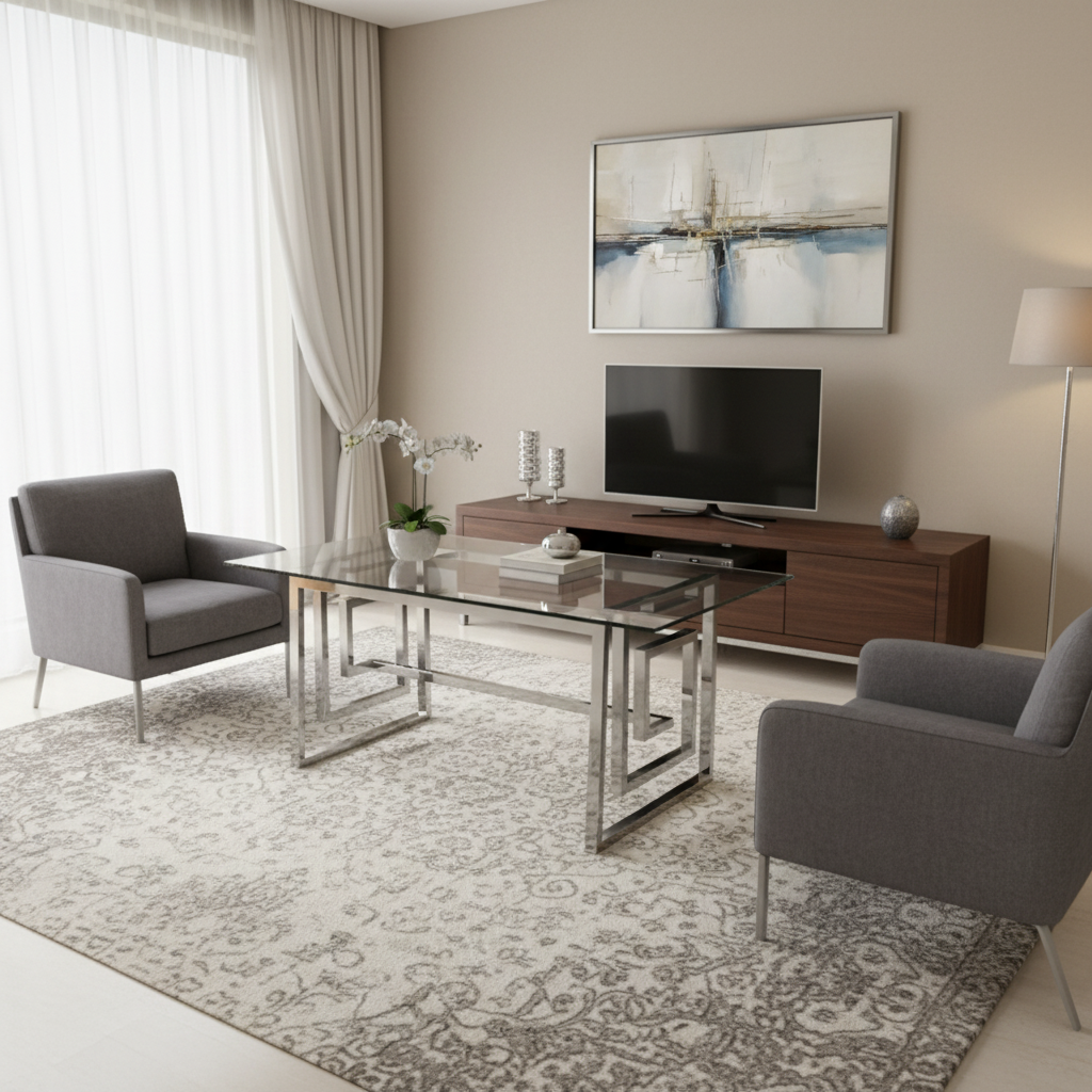 Stolik kawowy do salonu – srebrny metalowy ze szkłem